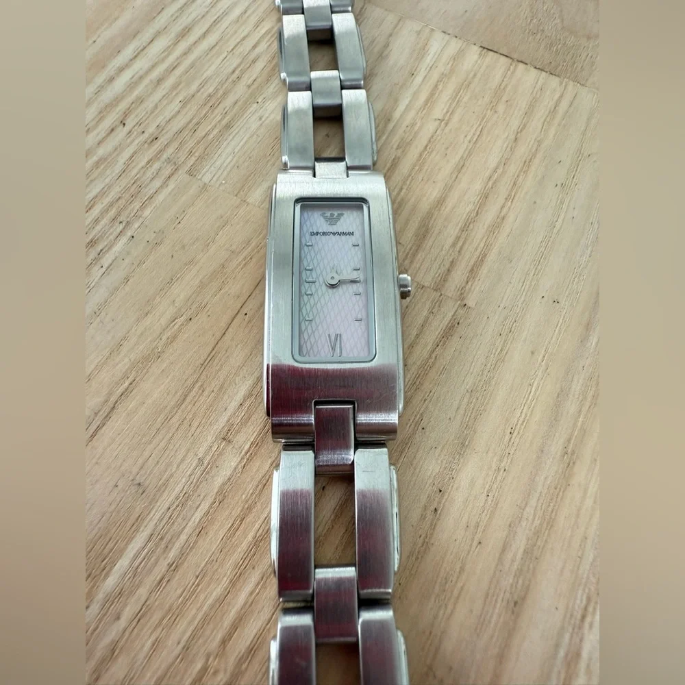 Emporio Armani ladies rectangular stainless steel dress watch NEW BATTERY